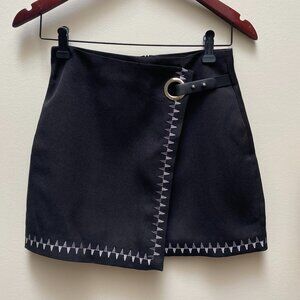 New w/Tag Women's Solid Black High Waist Wrap Asymmetrical Trim Mini Skirt